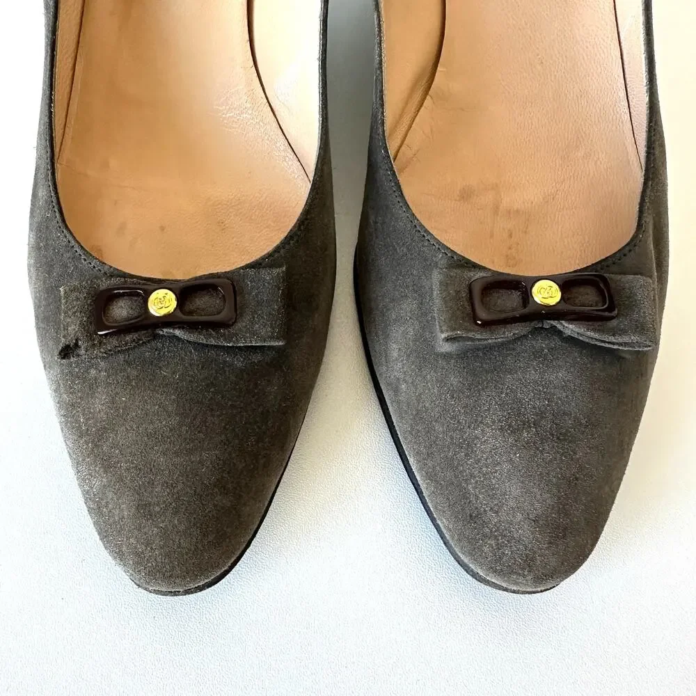 Gucci 1983 Vintage Grey Suede Bow Logo Kitten Heel Size 38 AA